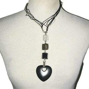 BLACK WHITE SILVER CLEAR HEART Y-NECK HEART PENDANT NECKLACE